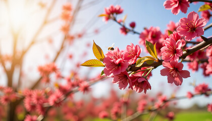 Obraz premium Vibrant red bud branches blooming in spring against clear sky, nature's beauty