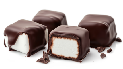 A chocolate bar with a white filling is cut in half