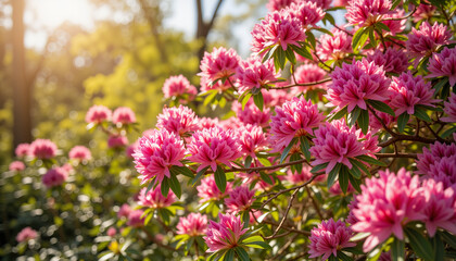 Obraz premium Colorful rhododendron blooms in spring sunlight, nature's beauty