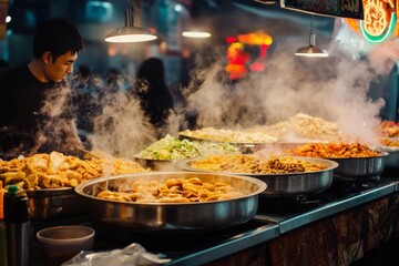 Naklejka premium A vibrant night market scene with steaming food stalls, colorful neon signs, and a bustling crowd enjoying street food in Bangkok, Thailand