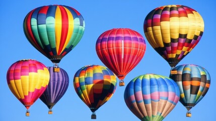 Fototapeta premium A vibrant hot air balloon festival with dozens of colorful balloons floating in a clear blue sky, soft morning light enhancing their vivid patterns, photographed in Albuquerque, New Mexico