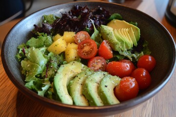 A vibrant salad bowl with mixed greens, cherry tomatoes, avocado slices, and a tangy dressing, beautifully arranged on a rustic wooden table under soft daylight, photographed in a modern cafe