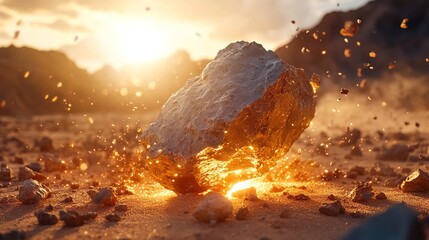 Rock breaking into pieces, desert background, cinematic lighting, product photography.