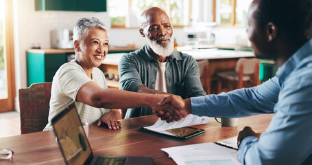 Handshake, meeting and consulting with old couple with financial advisor for retirement fund, fraud...