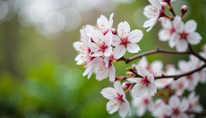 Obraz premium Cherry blossom flowers glistening with raindrops in serene garden, tranquility