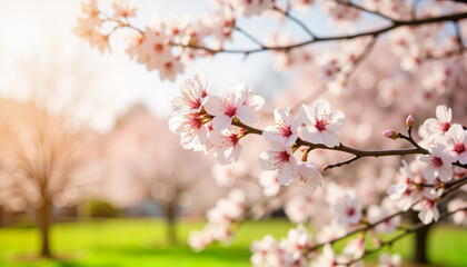 Fototapeta premium Swaying cherry blossom branches in peaceful garden, springtime beauty