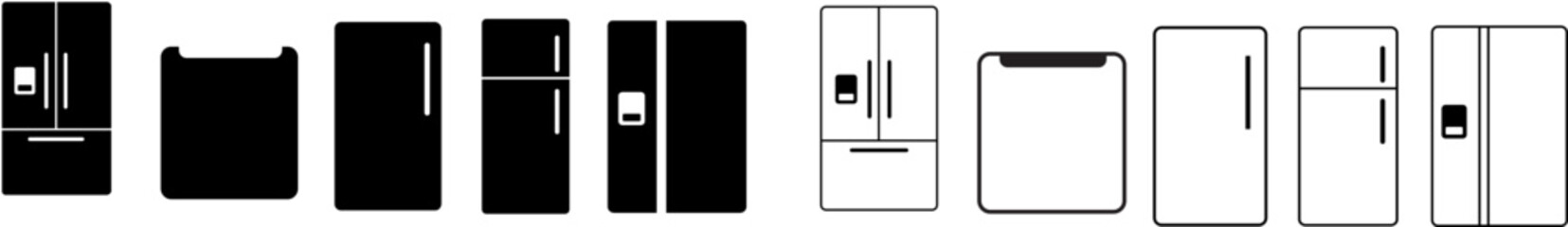 set of Refrigerators line and flat icon. Fridge types, freezer, wine cooler, commercial major appliance, refrigerated display case. Thin linear signs for household equipment shop,