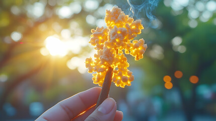 Sunset snack Crispy fried treat held outdoors, blurry park background. Use Food blog, recipe