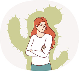 Aggressive woman with cactus silhouette suffers from lack of friends who are unwilling to tolerate toxic behavior. Aggressive lady makes dissatisfied grimace after hearing unwanted opinion