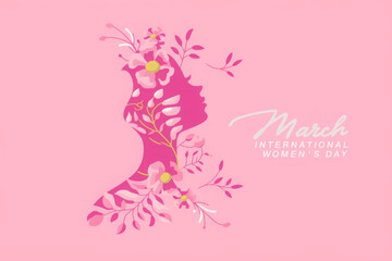 8 March. International Women's Day greeting card. Paper art pink flowers, leaves, woman silhouette.  
