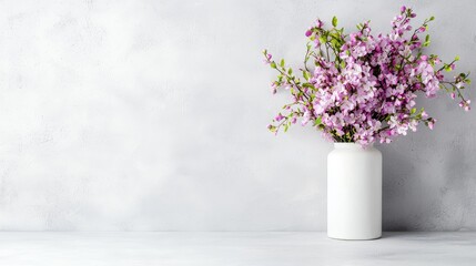 Fototapeta premium Purple spring blossoms in a white ceramic vase stand against a textured grey wall in a minimalist indoor setting.