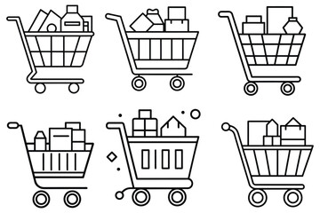 an online shopping cart icon with products inside line art