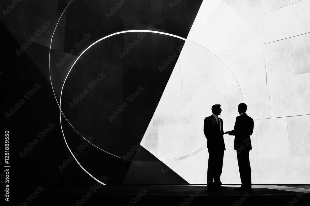 Aufkleber two silhouetted figures engaged in negotiation inside a modern architectural space at dusk. generati