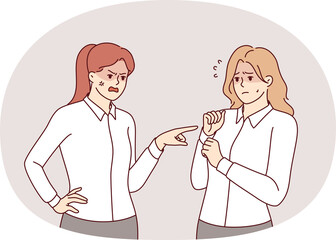 Rude woman manager makes reprimand subordinate, scolding due lack of subordination and mistakes in carrying out assignments. Girl gets reprimand from boss after being late or not following order