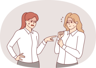 Rude woman manager makes reprimand subordinate, scolding due lack of subordination and mistakes in carrying out assignments. Girl gets reprimand from boss after being late or not following order