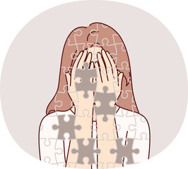 Depressed girl suffers from self-destruction and personality destruction, consists of mosaic with void. Depressed woman with mental disorder and psychological problems needs help of psychologist