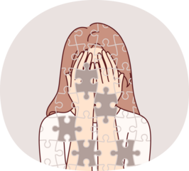 Depressed girl suffers from self-destruction and personality destruction, consists of mosaic with void. Depressed woman with mental disorder and psychological problems needs help of psychologist