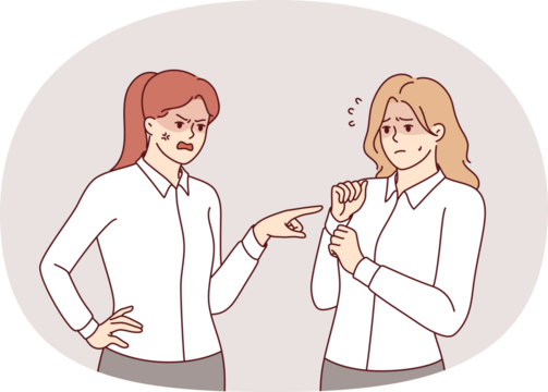 Rude woman manager makes reprimand subordinate, scolding due lack of subordination and mistakes in carrying out assignments. Girl gets reprimand from boss after being late or not following order