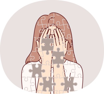 Depressed girl suffers from self-destruction and personality destruction, consists of mosaic with void. Depressed woman with mental disorder and psychological problems needs help of psychologist