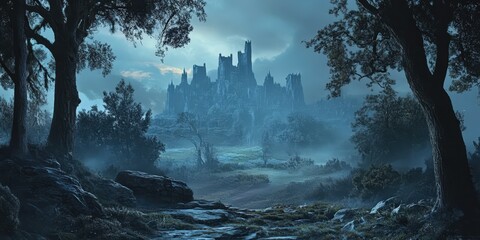 Mystical distant castle above a tranquil and foggy countryside