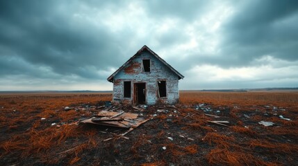 A lonely, desolate house stands in an expansive field, evoking feelings of solitude and reflection on human abandonment against a vast natural backdrop.
