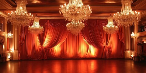 Opulent ballroom with crystal chandeliers and cascading silk curtains
