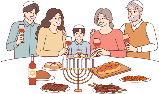 Jewish family at festive table with minor, drinks red wine and eats traditional food. Jewish religious holiday is celebrated by israeli residents of different generations and ages.