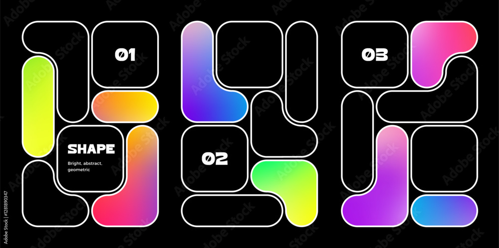 Poster Abstract Pattern with Geometric Shapes and Gradients. Vector Bento Grid Patterns. Blob Futuristic Y2K Posters