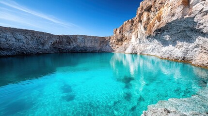 A breathtaking view of a clear blue water pool surrounded by towering rocky cliffs, reflecting the pristine environment and natural beauty of its serene surroundings.