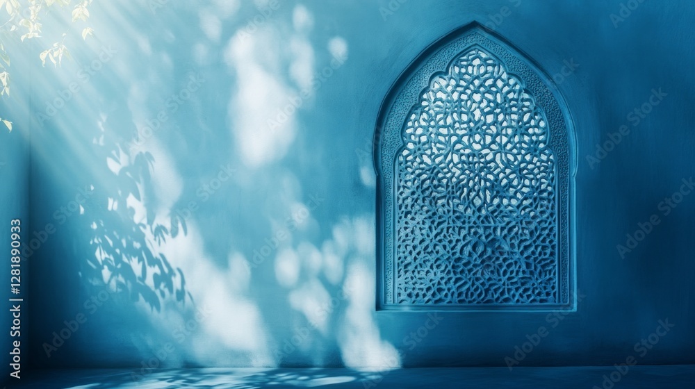 Poster Beautiful patterns emerge as light gently streams through an ornate lattice window, casting intricate shadows on a soft blue background, creating an atmosphere of serenity and artistry.