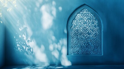 Beautiful patterns emerge as light gently streams through an ornate lattice window, casting intricate shadows on a soft blue background, creating an atmosphere of serenity and artistry.