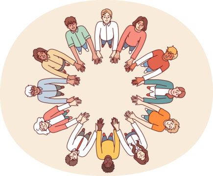 Friendly people stand in circle hold hands for collaboration and teamwork, top view. University students of different gender and race get education together while studying in college