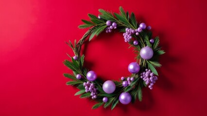 Christmas New Year's tree wreath with lilac Christmas balls on a red background