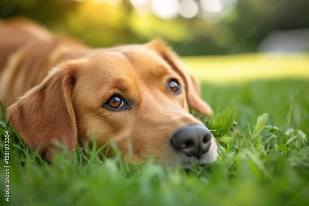 Poster golden retriever resting on green grass in afternoon sunlight enjoying nature and tranquility at a p