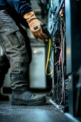 An electrician inspecting a control panel, wearing high-voltage protective gloves and standing on an insulated mat