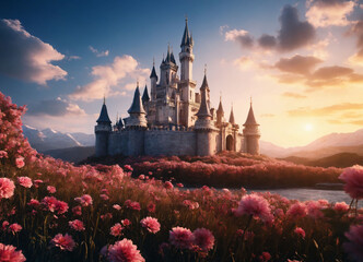 fairytale castle surrounded by endless fields of flowers