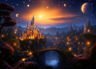 Fototapeta premium Fairytale night city in lights and in the light of the moon