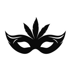 Carnival mask icon black silhouette isolated on white background. Mask with feathers pictogram. Vector illustration
