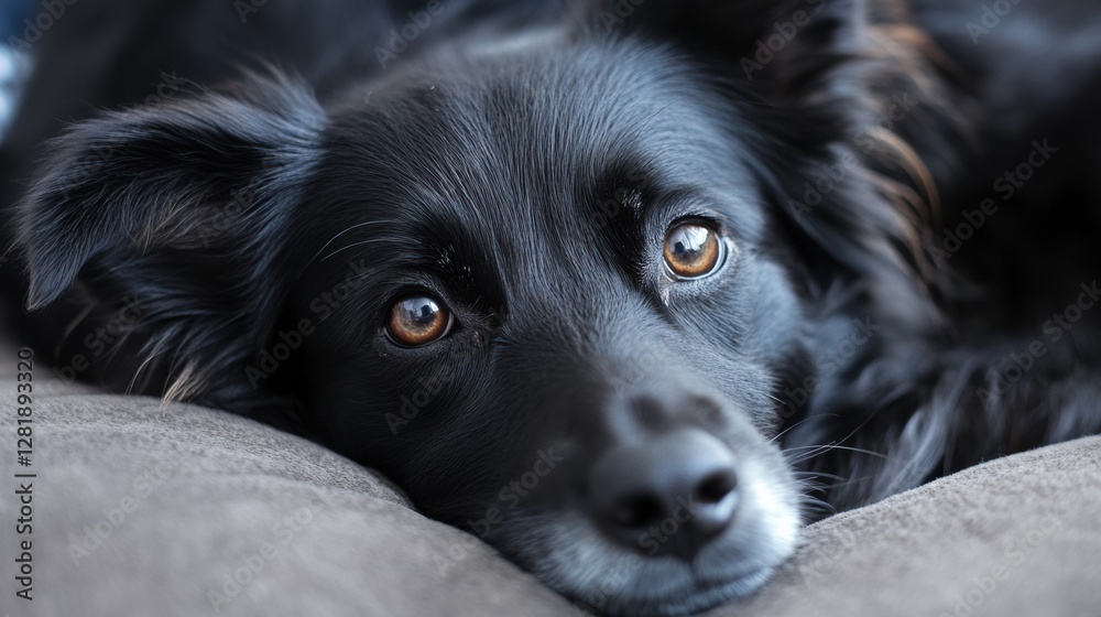 Aufkleber Black dog resting on a couch with soft fur and expressive brown eyes looking directly at the viewer. Generative AI