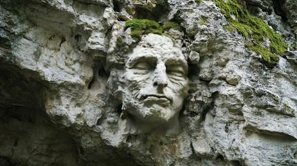 Obraz premium Ancient limestone face with moss growth and weathered texture