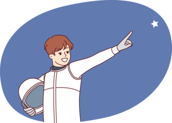 Boy astronaut points finger at star and holds spacesuit in hands for flight into space, dreaming of becoming member of spaceship crew. Child astronaut dreams of being like cosmonauts flying into orbit