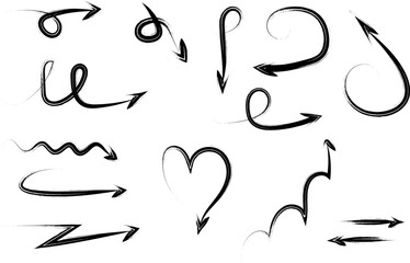 A set of various calligraphic arrows in different styles and directions. Ideal for design projects, signage, and creative work.
