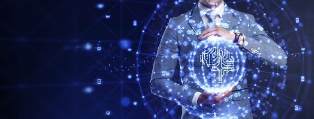 Artificial intelligence (AI), machine learning and modern computer technologies concepts.