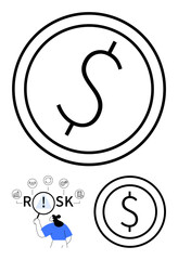 Fototapeta premium Magnifying glass focusing on RISK among connected icons with bold dollar symbol coin. Ideal for finance, analysis, decision-making, investments, economics, risk management, abstract line flat