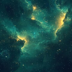 Obraz premium Ethereal nebula in cosmic expanse with shimmering turquoise and gold hues capturing the beauty of deep space exploration and celestial wonder