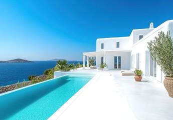 Fototapeta premium A sleek, minimalist white house with clean lines and large windows overlooking the sea
