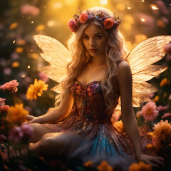 Fairytale world. A fairy dancing in the rays of moonlight in a flower garden.