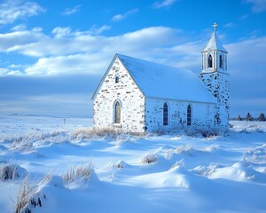 Snowy church winter landscape, peaceful scene
