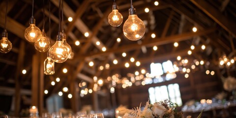 Obraz premium Rustic barn celebration glowing edison bulbs illuminate reception