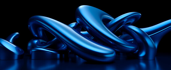 Striking arrangement of interlocking glossy blue metallic rings with reflective surfaces, creating a modern high-tech aesthetic, perfect for futuristic designs.

